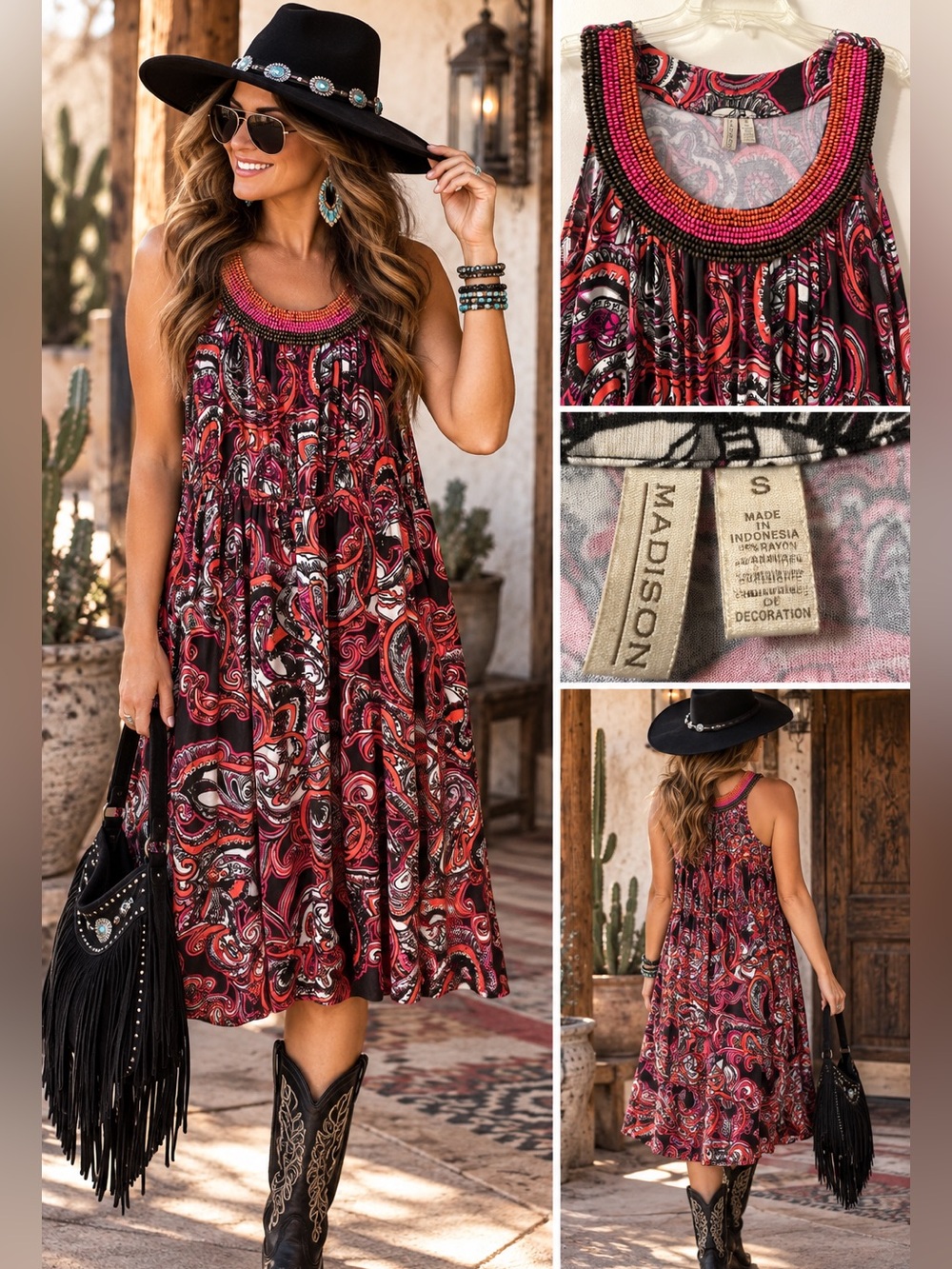 Madison Size S Chocolate Brown Paisley Beaded Boho Midi Maxi Dress